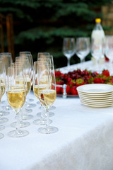 Reception table. Glasses of wine, champagne, plates and berries on the white tablecloth. Catering business.