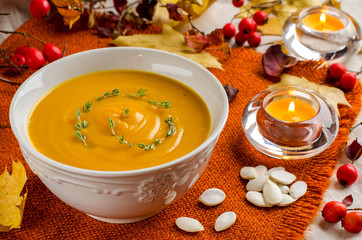 Pumpkin soup. Autumn still-life.