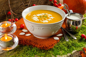 Pumpkin soup. Autumn still-life.