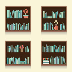 Set Of Wooden Bookshelves On Wall Vector Illustration