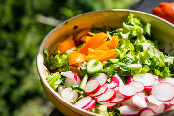 Fresh salad with summer vegetables on the wooden table. Shallow depth of field.
