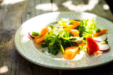 Fresh salad with summer vegetables on the wooden table. Shallow depth of field.