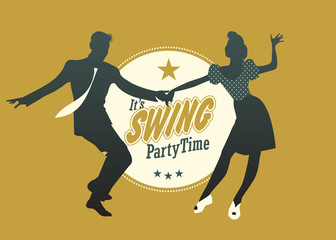Swing Party Time: Young couple silhouette dancing swing, rock or lindy hop - obrazy, fototapety, plakaty