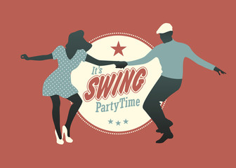 Fototapeta na wymiar Swing Party Time: Young couple silhouette dancing swing, rock or lindy hop