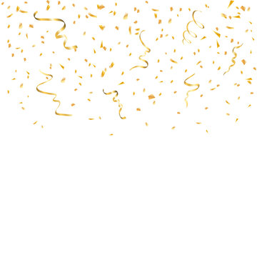 Gold confetti celebration isolated on white background. Falling golden abstract decoration for party, birthday celebrate, anniversary or Christmas, New Year. Festival decor. Vector illustration