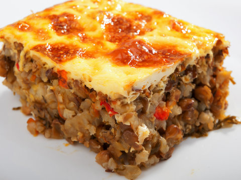 Vegetarian Moussaka From Lentils, Onion, Peppers And Eggs. Horiz