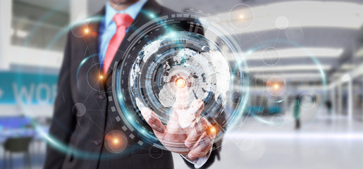 Businessman using hologram screen with digital data