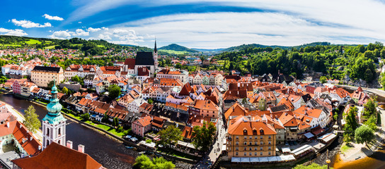 Panoramic aerial view over the old Town of Cesky Krumlov, Czech Republic. UNESCO World Heritage Site