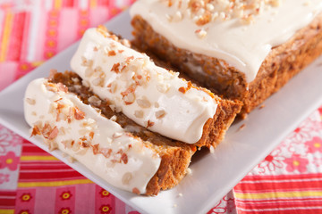 Christmas homemade cake with nuts, one slice cut