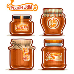 Vector logo Peach Jam in glass Jars with paper cover lid, rustic Pot home made peach jams, twine rope bow, set homemade fruit jam jar, farm jelly pot with label, checkered cloth cap, isolated on white