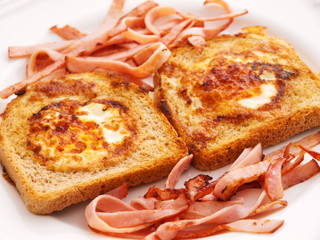 Toast with egg and ham. Horizontal shot