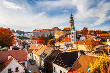 Autumn view on the Cesky Krumlov and Vltava river, Czech republic. Sunny autumn day. UNESCO World...