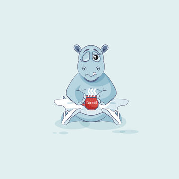 Vector Illustration Emoji character cartoon ballerina Hippopotamus just woke up with cup of coffee