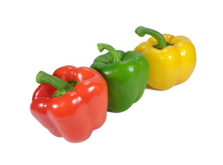 Three bright red, green, yellow ripe bell peppers with green stem isolated on white background 