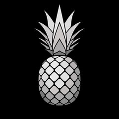 Pineapple silver icon. Tropical fruit isolated on black background. Symbol of food, sweet, exotic and summer, vitamin, healthy. Nature logo. 3D concept. Design element Vector illustration