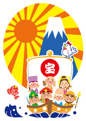 酉年　めで鯛　七福神の宝船と富士山