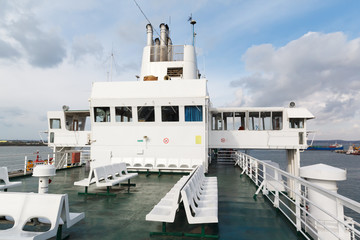 The bow of a car ferry while sailing