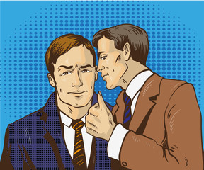 Pop art retro comic vector illustration. Two businessman talk to each other. Man tell business secret his friend. Speech bubble