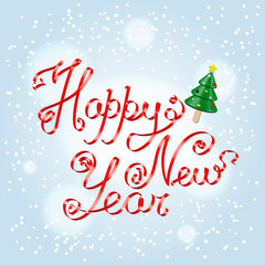 Obraz na płótnie Canvas Happy New Year red satin ribbon decorative lettering over light blue snowing background, with festive christmas tree ice cream