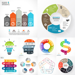 Vector circle infographic set. Business diagrams, arrows graphs, linear presentations, idea cycle charts. Data options, parts, 5 steps. Light bulb, businessman brain, puzzle dollar.