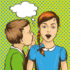 Pop art retro comic vector illustration. Kid whispering gossip or secret to his friend. Children talk each other. Speech bubble