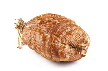 Smoked boneless pork ham hock wrapped in netting isolated on white 