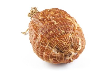Smoked boneless pork ham hock wrapped in netting isolated on white 