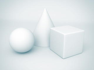 white basic geometric shapes. sphere, cone, cube