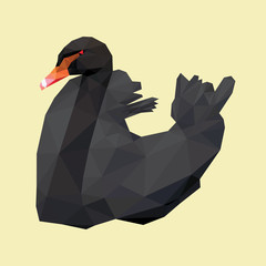 Black swan red beak low polygon isolated on yellow background