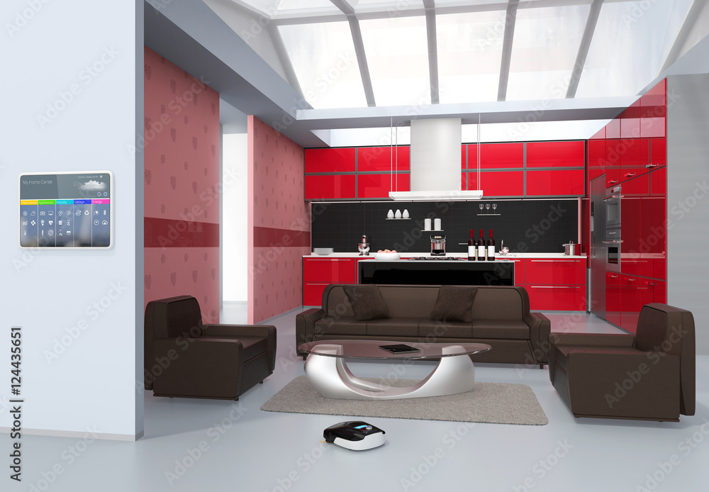 Poster home automation control panel on the kitchen wall. 3d rendering image.