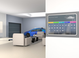 Home automation control panel on the wall. 3D rendering image.
