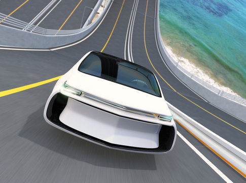 Front view of white electric car driving on loop bridge. 3D rendering image.