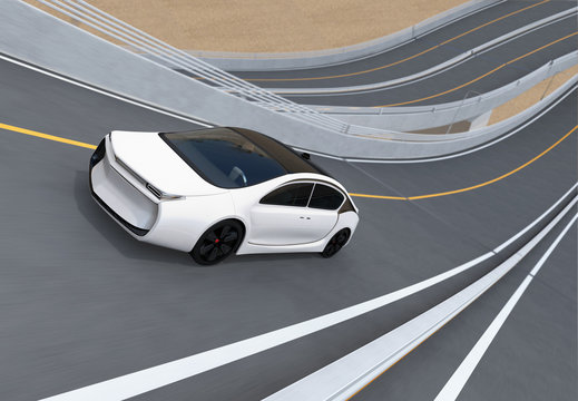 White electric car driving on loop bridge. 3D rendering image.