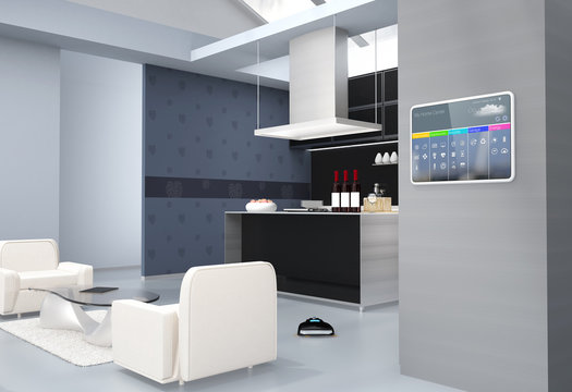 Home automation control panel on the kitchen wall. 3D rendering image.