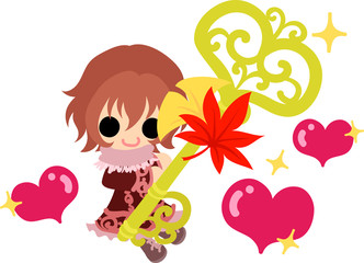 The cute illustration of autumn and girl -The heart key-
