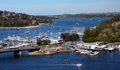 The Spit, Spit bridge, moored yachts and Sydney Harbour in the background.