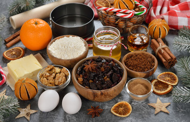 Ingredients to bake traditional Christmas fruit cake