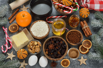 Fototapeta na wymiar Ingredients to bake traditional Christmas fruit cake
