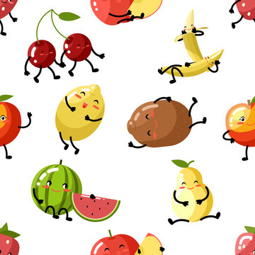 Cute fruit apple cherry watermelon kiwi strawberry lemon peach pear banana healthy food cartoon children characters flat design icons seamless pattern background vector illustration