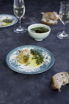 Italian Style Salsa Verde served with bread and white wine. Phot