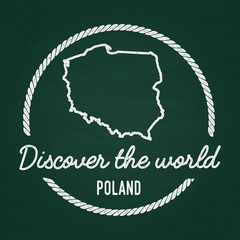 Fototapeta premium White chalk texture hipster insignia with Republic of Poland map on a green blackboard. Grunge rubber seal with country outlines, vector illustration.