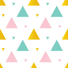 Cute pink, mint green and gold triangles seamless pattern background.