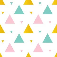 Wall murals Triangle Cute pink, mint green and gold triangles seamless pattern background.