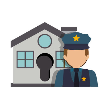 gray house with police man icon. security system design. colorful design. vector illustration