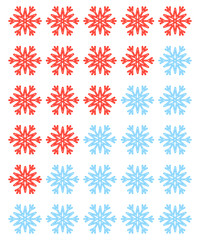 Vector set of red rating snowflakes over white.