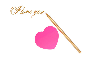 Pink sticker in the form of heart and a gold pencil on the white