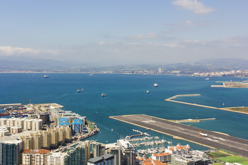 Aerial view of the port, city and Bay of Gibraltar located at the southern end of the Iberian...