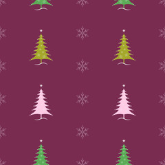 Christmas and New Year seamless pattern with fir-trees on dark lilac background