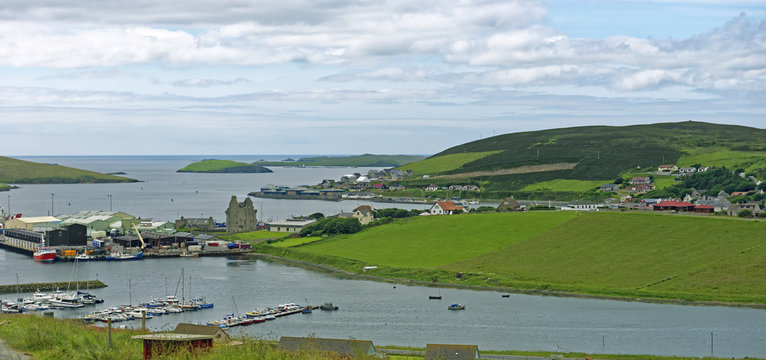 Ruins of Scalloway Castle in the village of Scalloway on the west coast of the Main Shetland Island, which is located northeast of the mainland of Scotland, United Kingdom