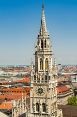 In the foreground the tower of the New Town Hall is a town hall at the northern part of Marienplatz